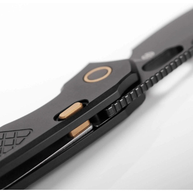 CJRB Cutlery Pyrite Bowie Button Lock Knife Black Steel (3.1" Rose Gold)