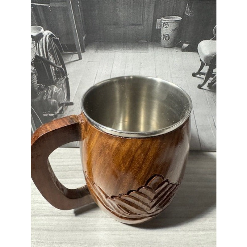 Hand Carved Wood Drinking Cup w/ Stainless Insert