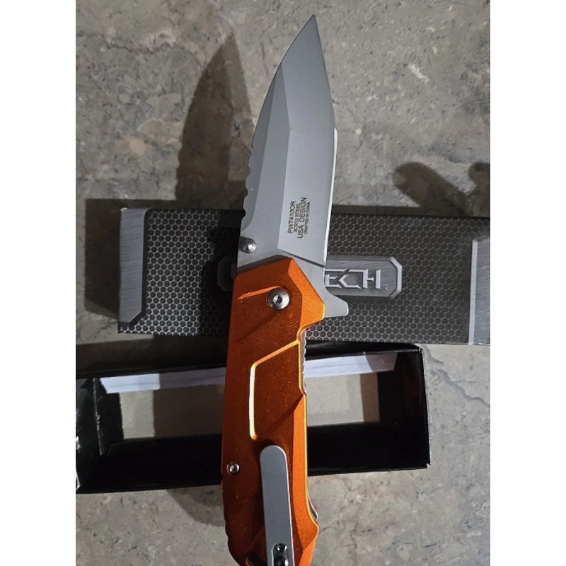 WarTech - 8" Folding Tactical Drop Point w/ Pocket Clip - Orange