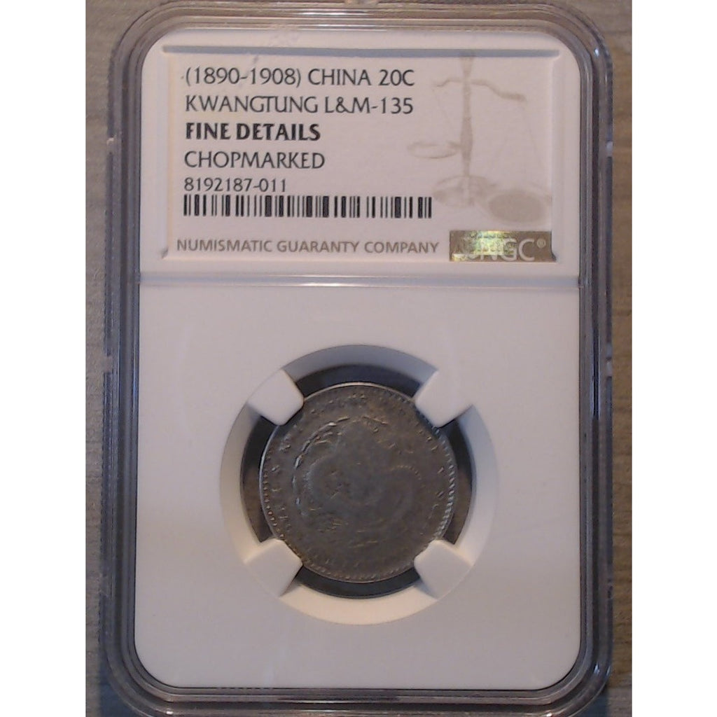 (1890-1908) ~ CHINA KWANGTUNG L&M-135 20C ~ NGC FINE DETAILS CHOPMARKED