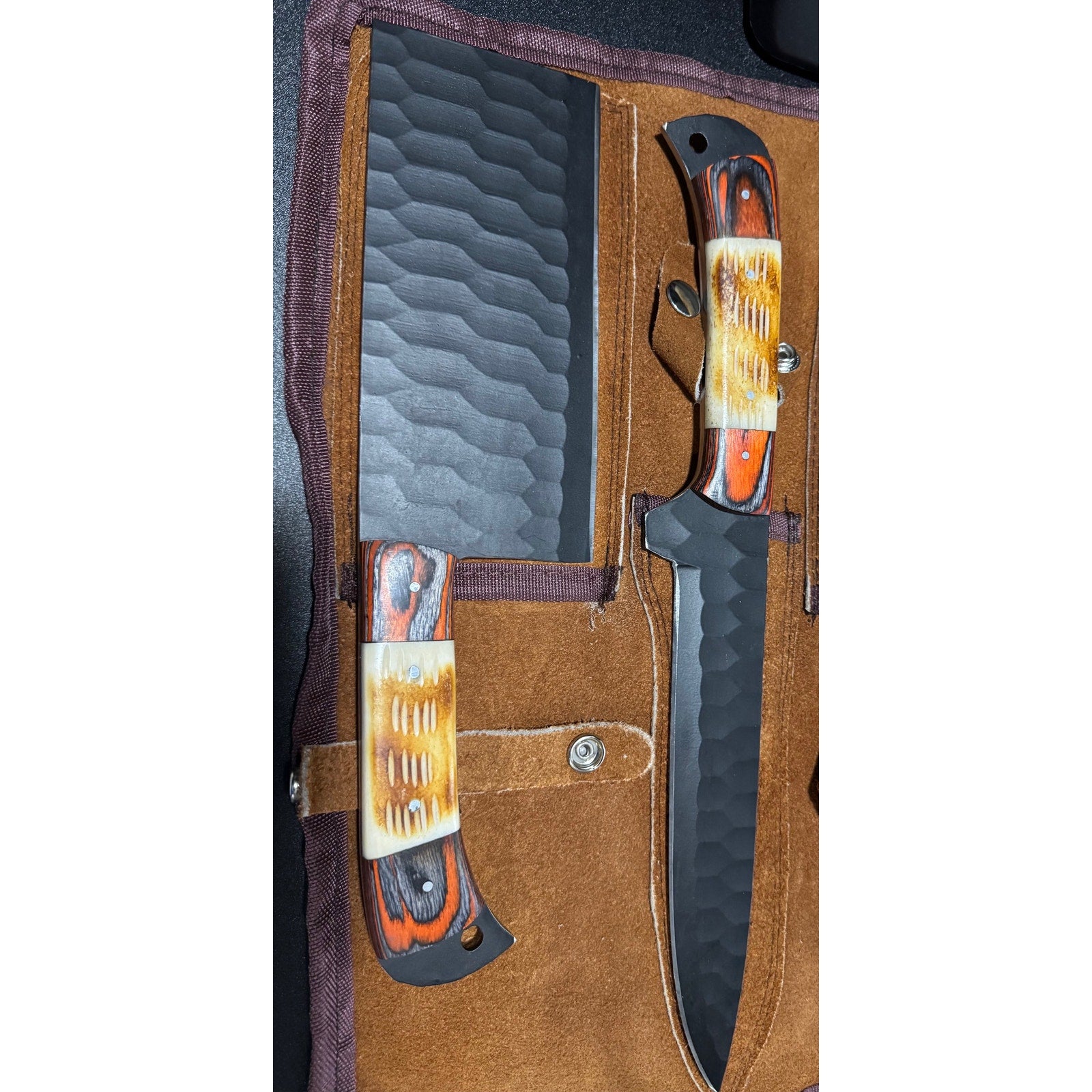 Handmade Carbon Steel Hammered Blade Chef Set w/ Pakka Wood & Bone Handle