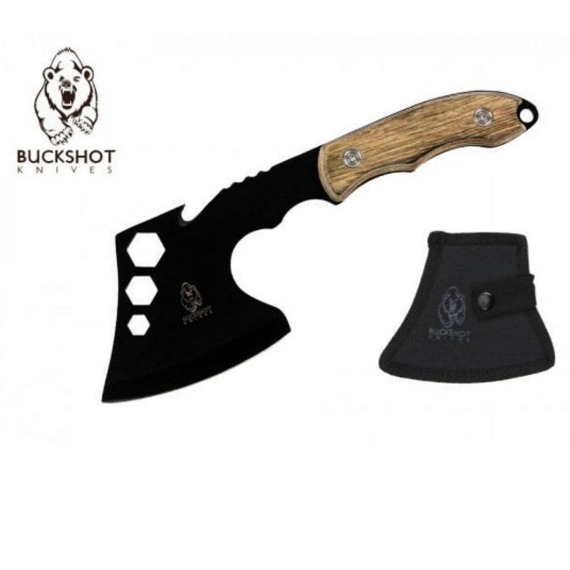 Buckshot Knives ~ 10.5" Hatchet ~ Weathered Grip ~ Black Blade w/Sheath