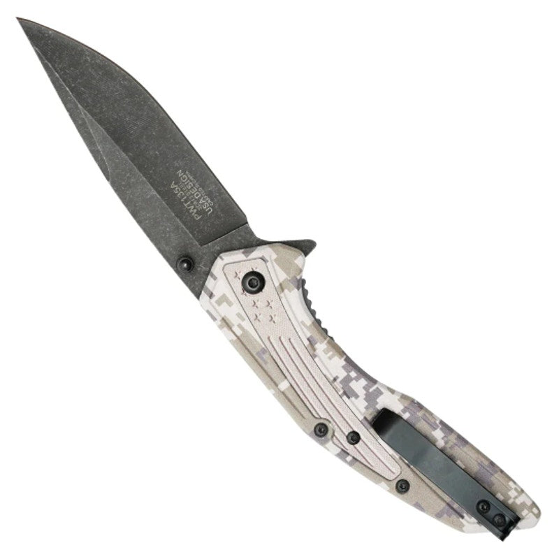 Wartech ~ 8.5" stonewashed Pocket Knife with Tundra Camo Print handle
