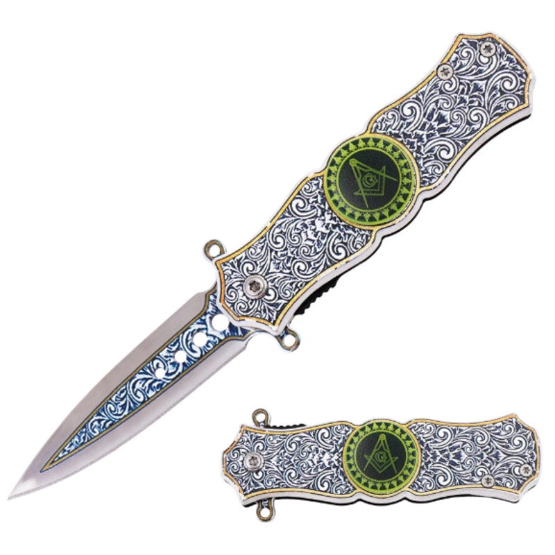 Masonic Folding Knife with Fidget Spinner, Crafted, Engraved Masonic Emblems