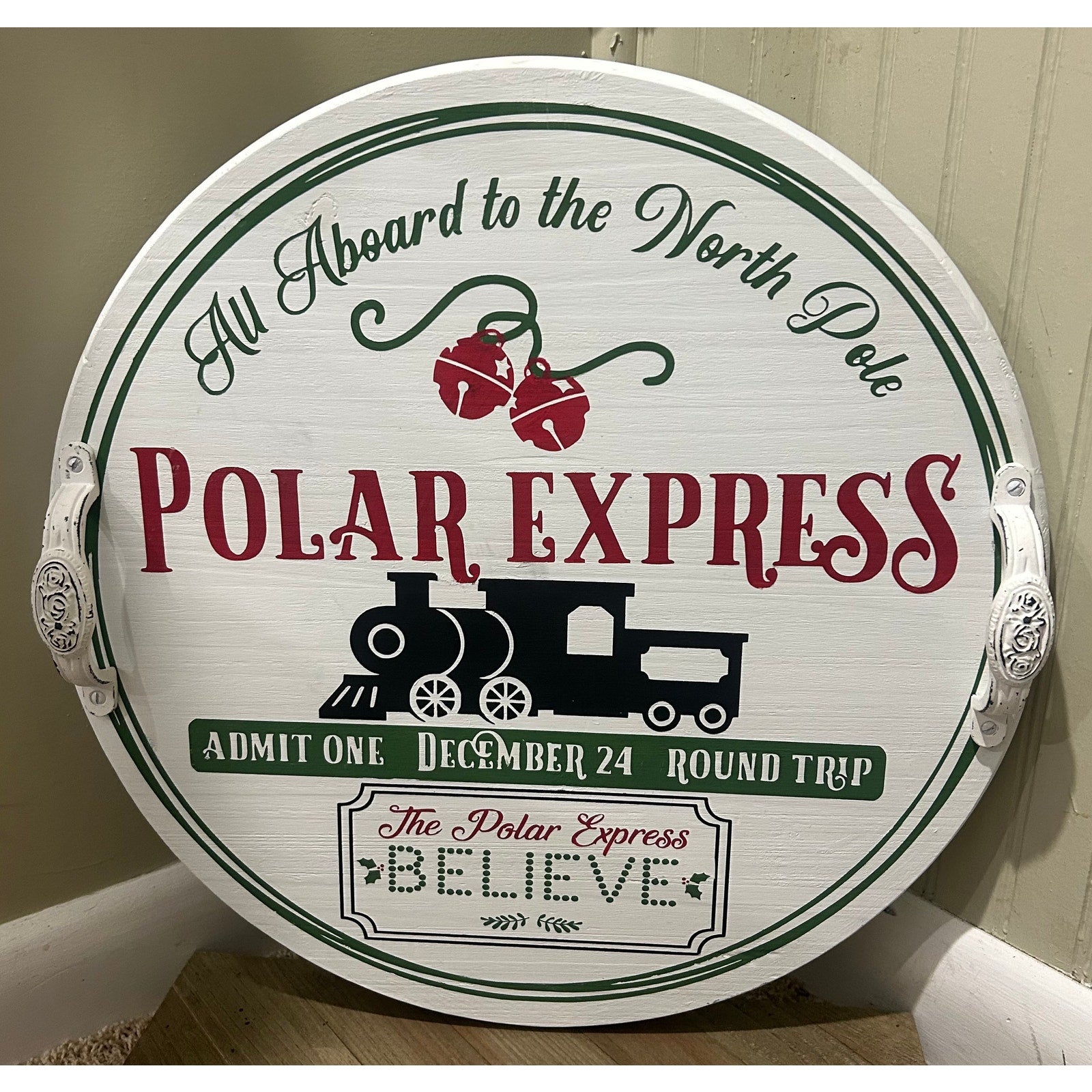 Handcrafted Christmas Themed Decorative Wooden Serving Tray ~ Polar Express