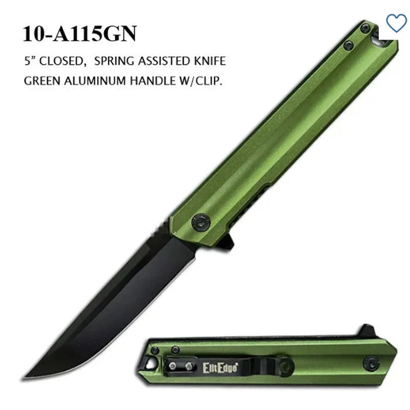 ElitEdge Spring Assist Knife Black Stainless-Steel Blade/Green Aluminum Handle