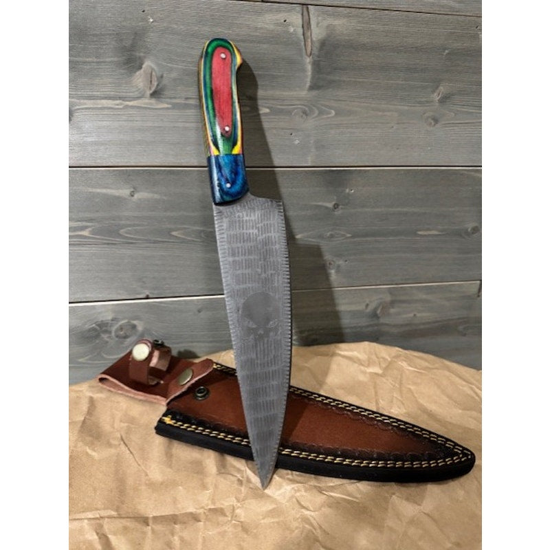 Beautiful Hand Forged Damascus 'Punisher' Blade ~ Rainbow Pakkawood Grip