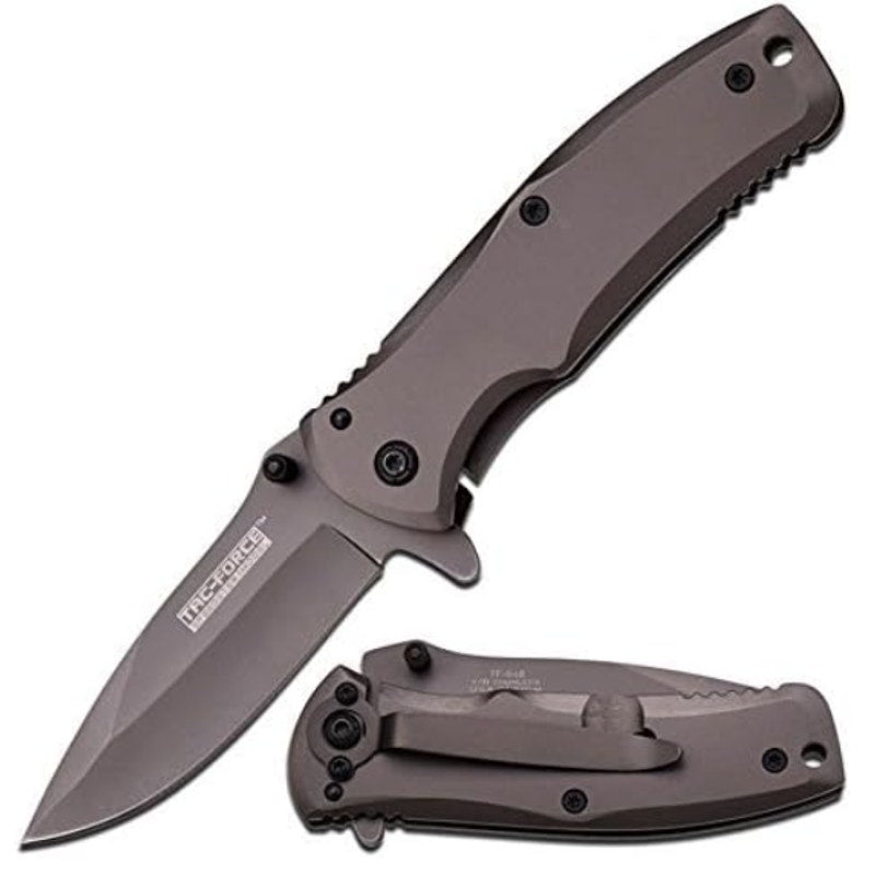 TAC Force TF-848 Spring Assist Folding Knife, Grey Titanium Straight Edge Blade