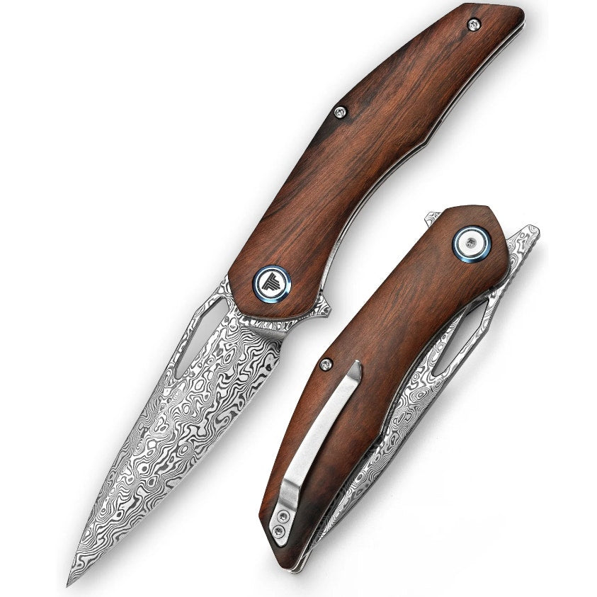 Trivisa ~ Taurus-01i ~ 3.62'' 110 Layer Damascus ~ Front Flipper Ironwood Handle