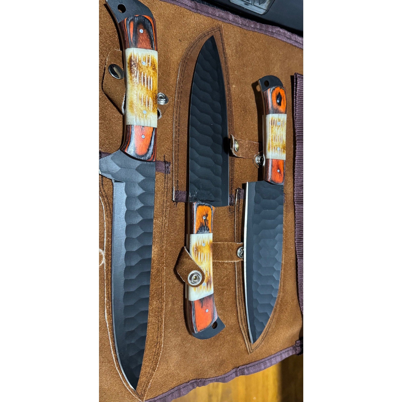 Handmade Carbon Steel Hammered Blade Chef Set w/ Pakka Wood & Bone Handle