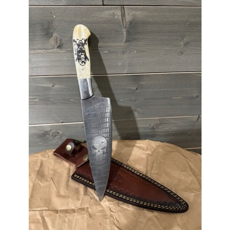 Beautiful Hand Forged Damascus 'Punisher' Blade ~ Camel Bone Grip