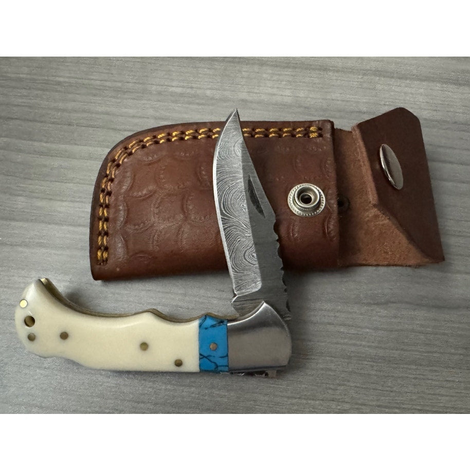 Handmade Damascus Folding Knife - Bone and Turquoise Scales