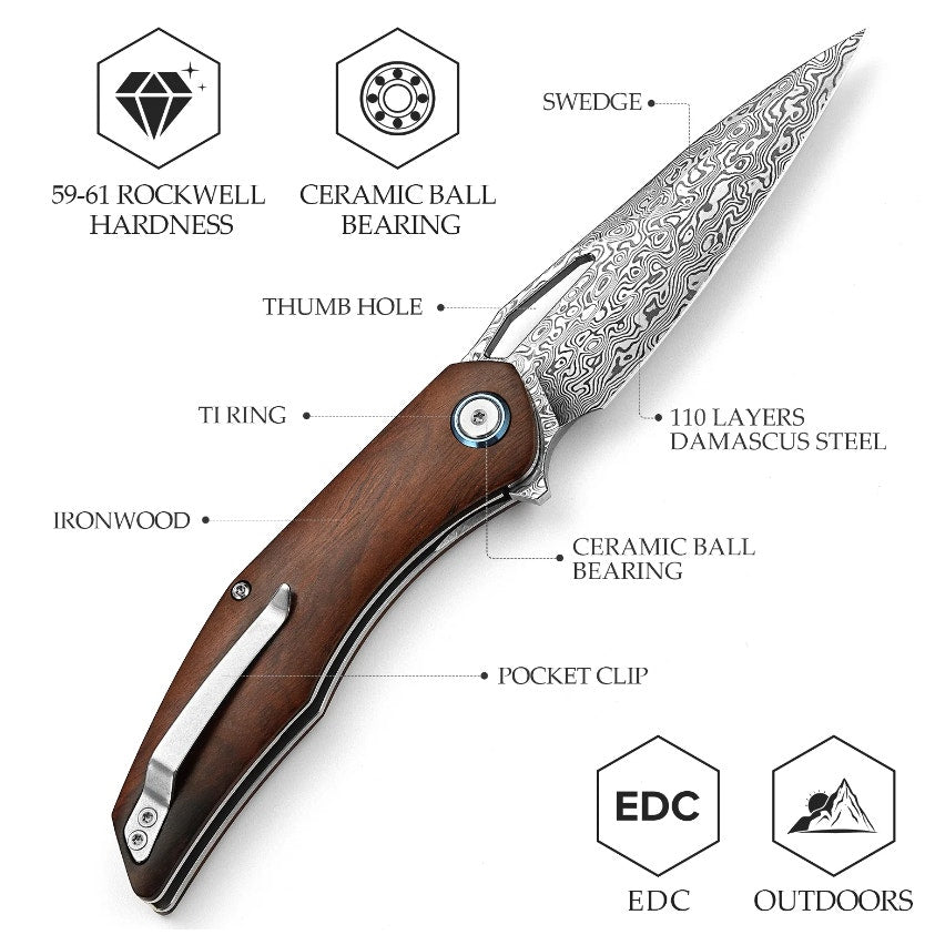 Trivisa ~ Taurus-01i ~ 3.62'' 110 Layer Damascus ~ Front Flipper Ironwood Handle