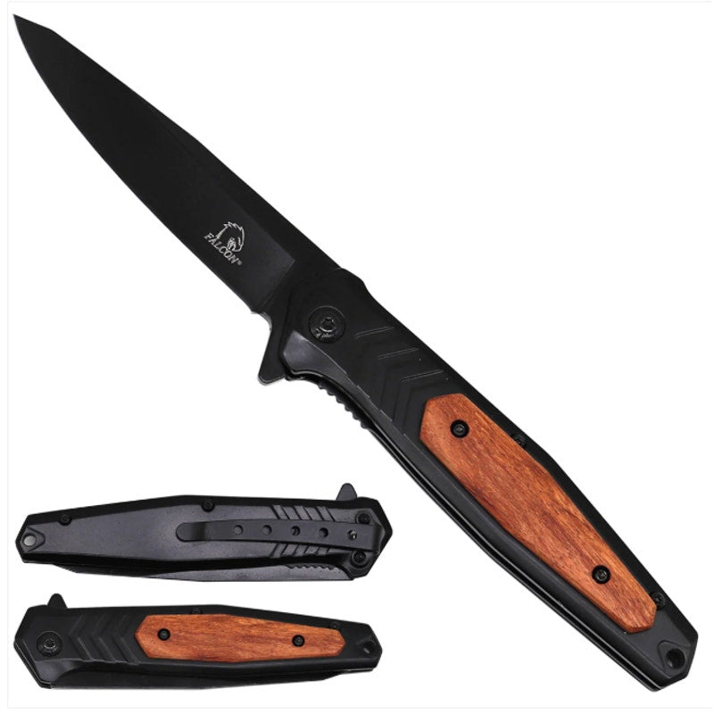 Falcon Knives 4.75" Rosewood Handle/Black - Bonus FREE Flashlight