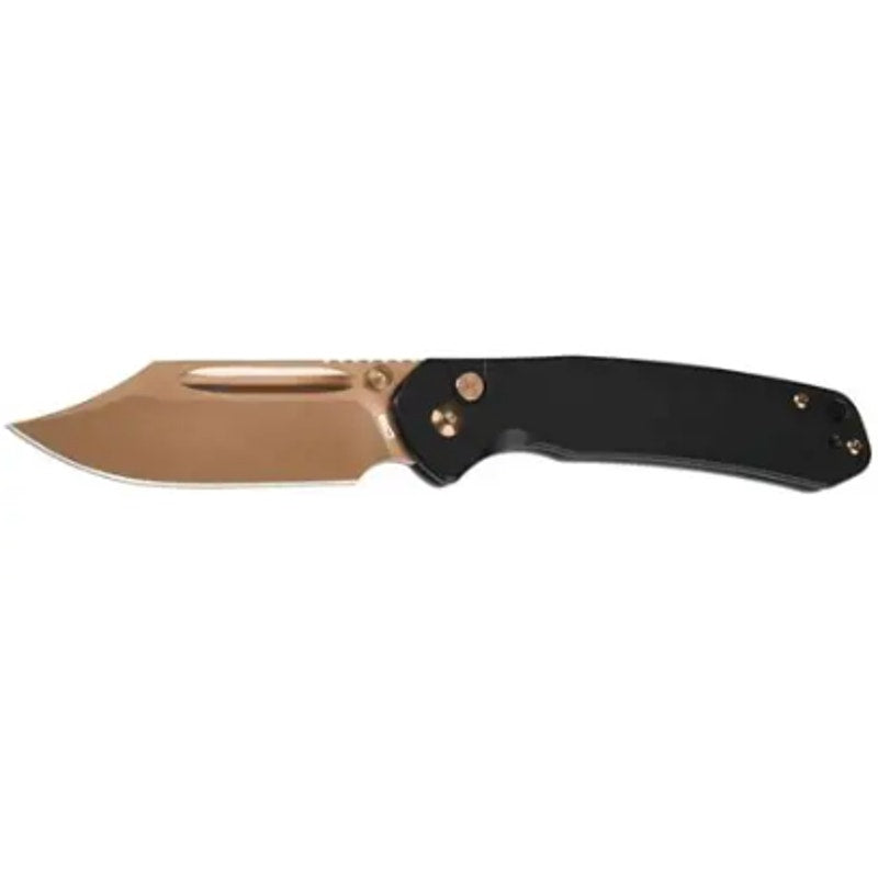 CJRB Cutlery Pyrite Bowie Button Lock Knife Black Steel (3.1" Rose Gold)