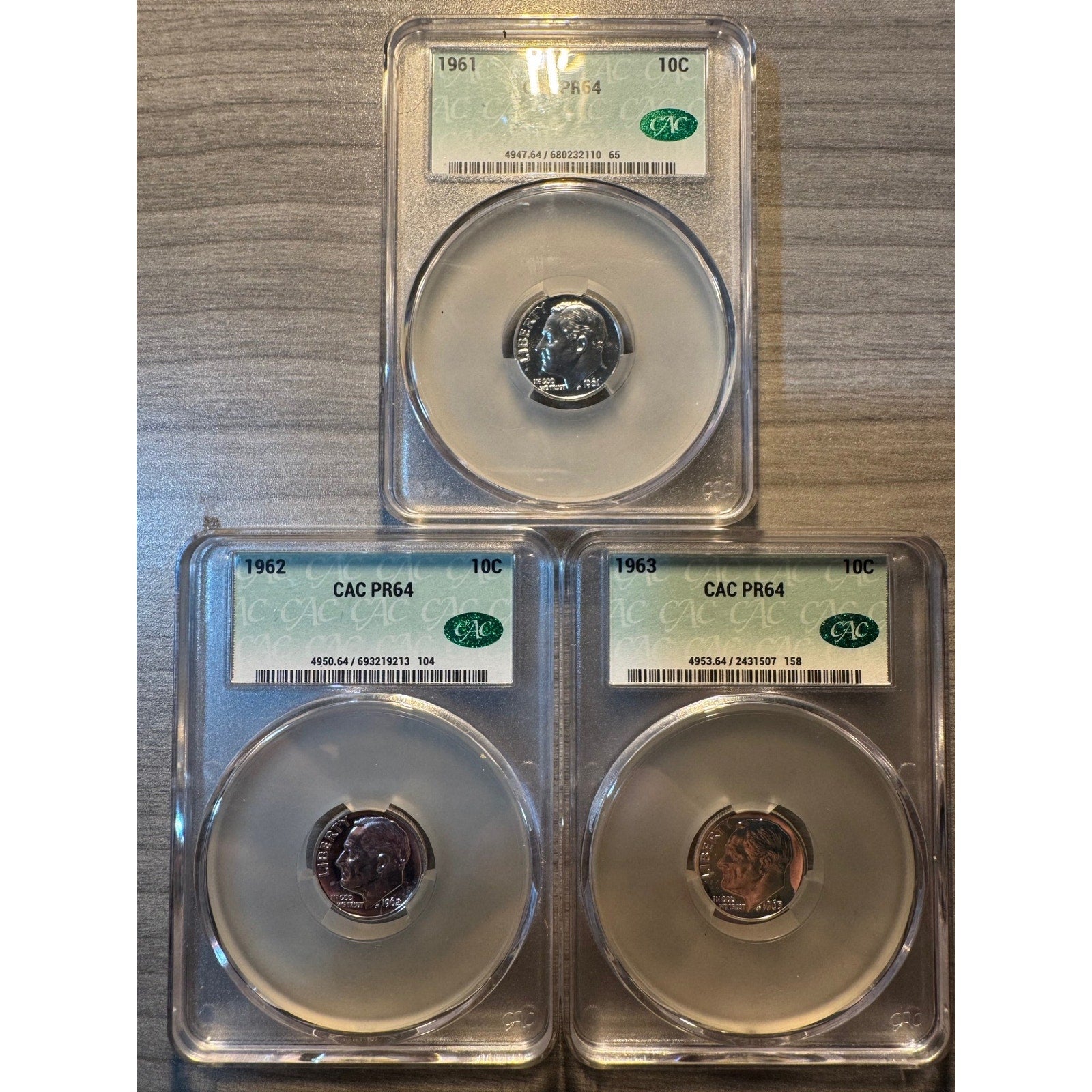 1961, 62, & 63 Roosevelt 10c ~ All 3 graded CAC PR64