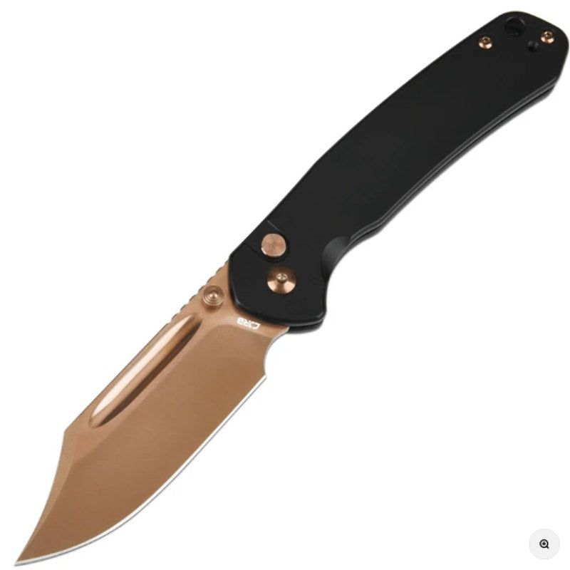 CJRB Cutlery Pyrite Bowie Button Lock Knife Black Steel (3.1" Rose Gold)