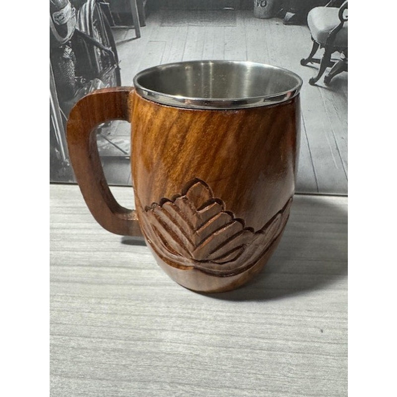 Hand Carved Wood Drinking Cup w/ Stainless Insert