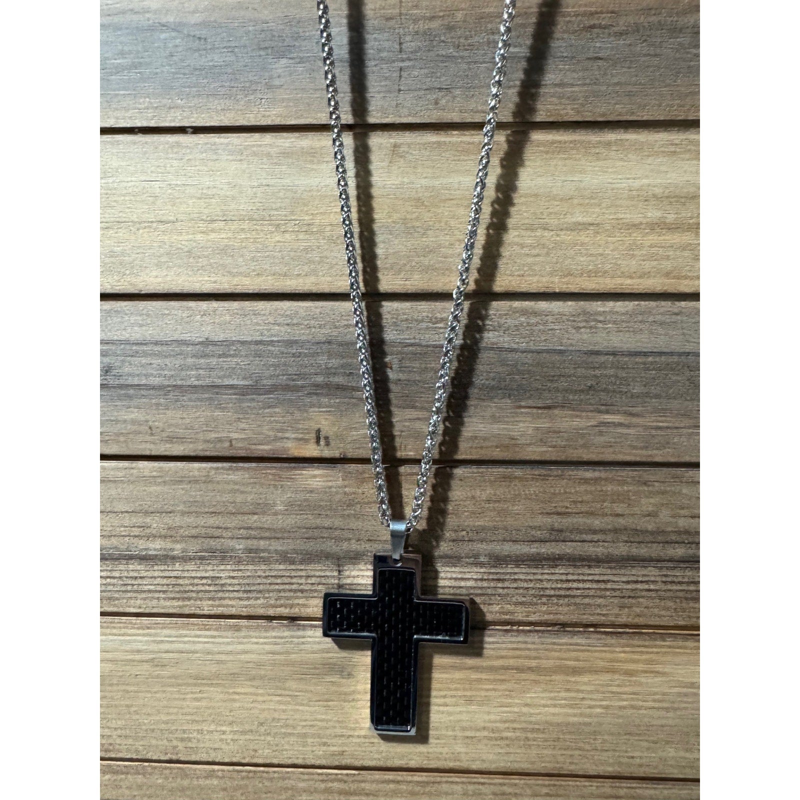 24' Stainless Chain with Stainless Carbon Cross Pendant