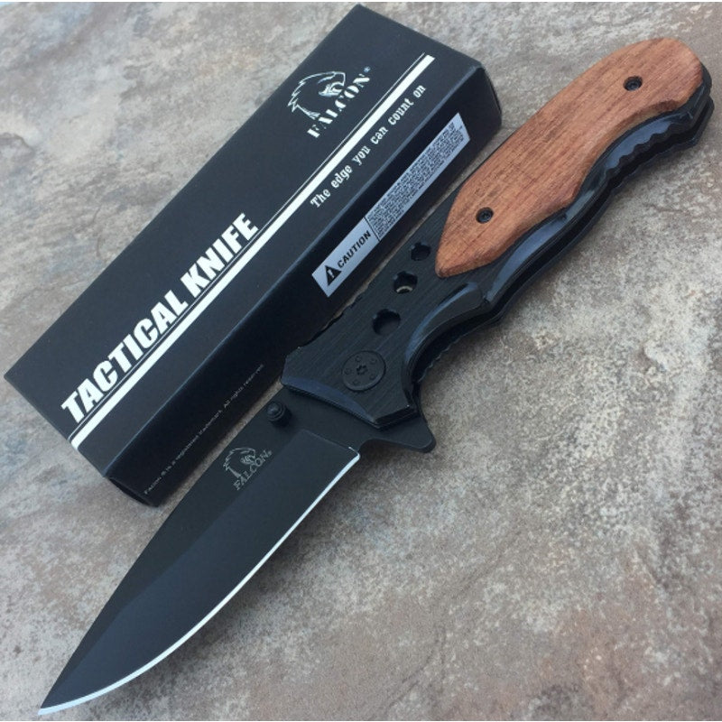 Falcon Classic Black Spring Assisted EDC / Hunting Knife with Wood Inlay 3.25"