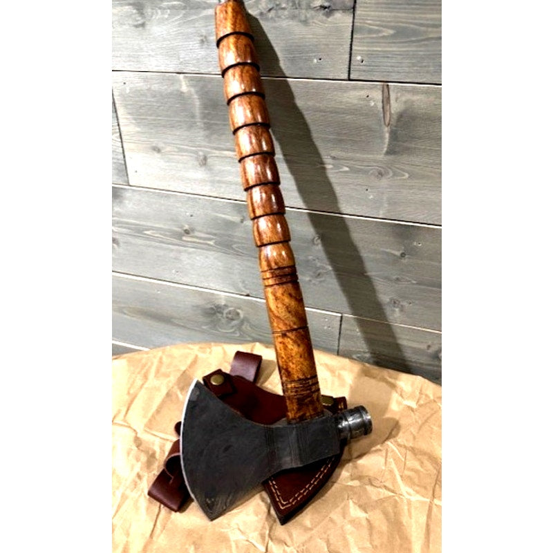Beautiful Hand Forged Damascus Viking Axe ~Hand Turned Wooden Handle
