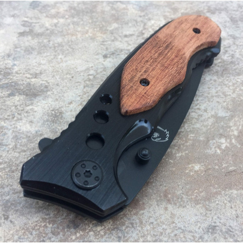 Falcon Classic Black Spring Assisted EDC / Hunting Knife with Wood Inlay 3.25"