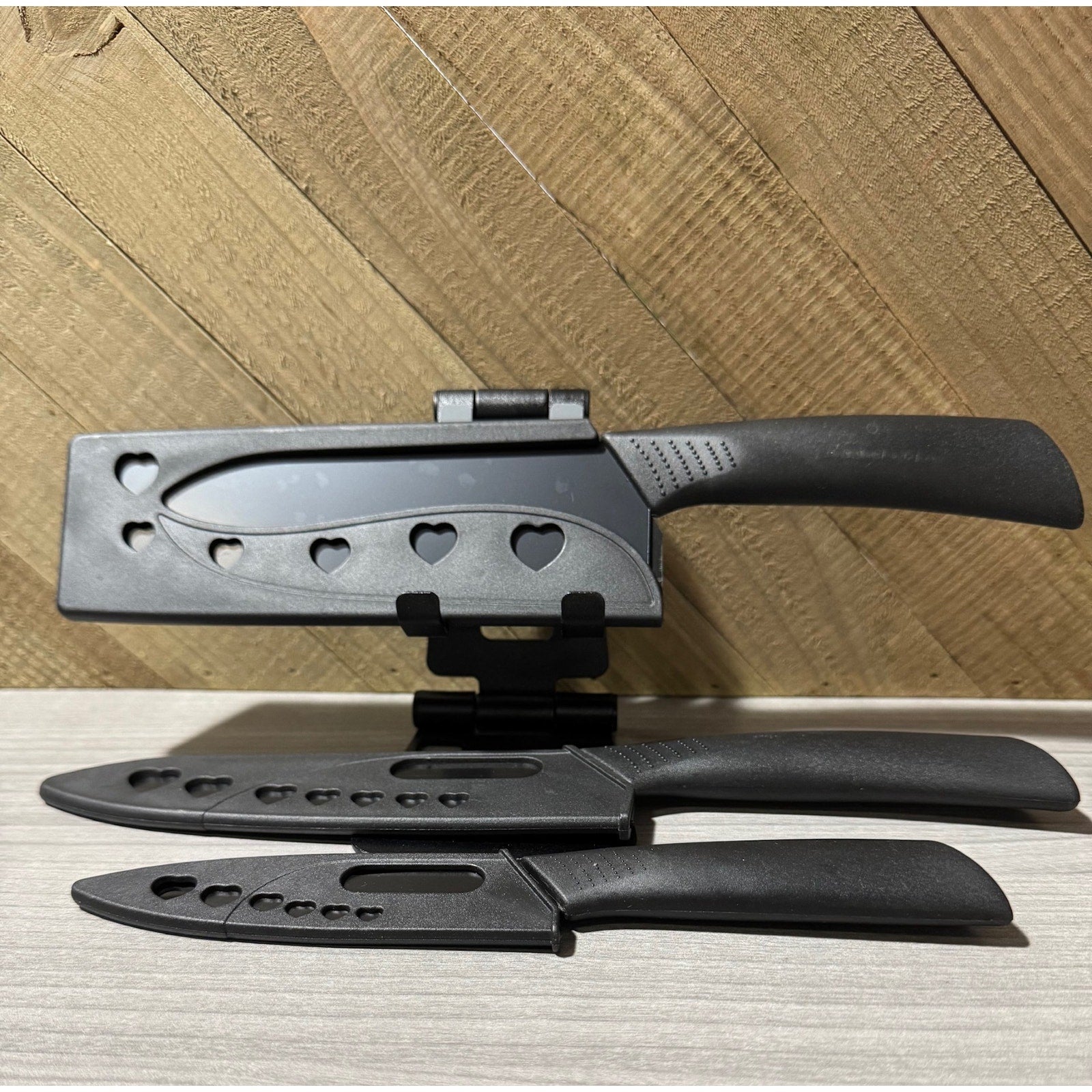 3pc ~ Kitchen Knife Set ~ Black w/ Protective Sheath ~ High Carbon Steel