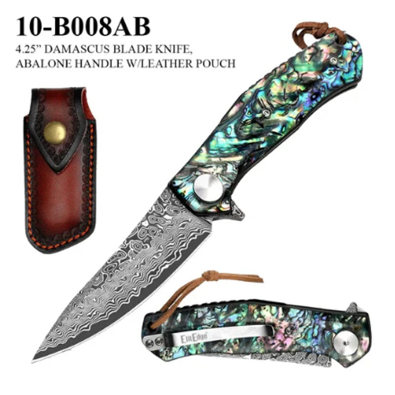 ElitEdge ~ Damascus Folding Knife w/ Leather Sheath ~ Abalone Handle