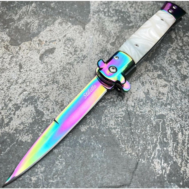 9" Italian Style Rainbow Spring Assisted Open Folding Stiletto