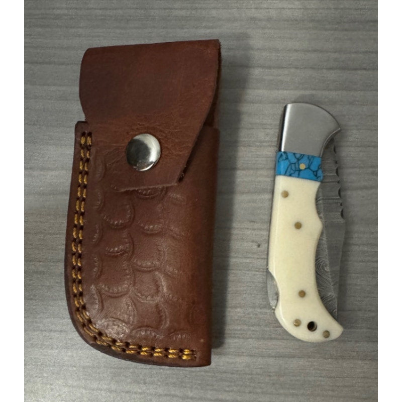 Handmade Damascus Folding Knife - Bone and Turquoise Scales