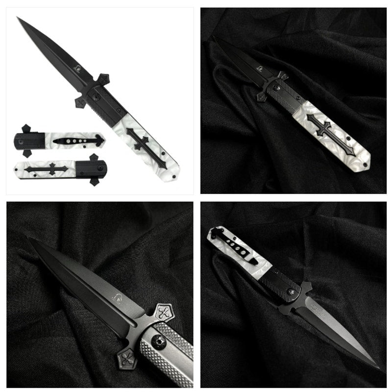 Falcon 8 7/8" Black Blade White Faux Marble Handle Spring Assisted Pocket Knife