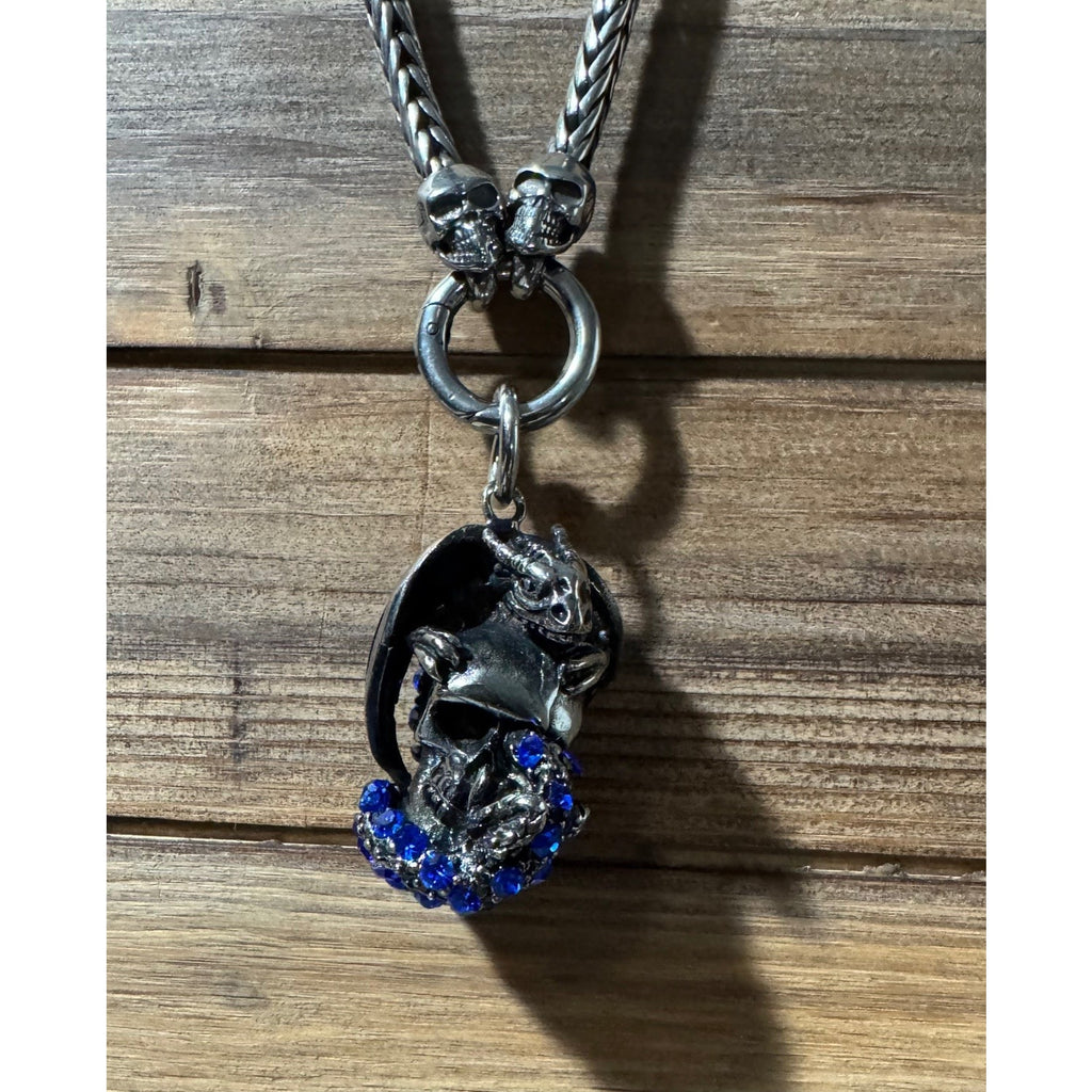 22' Stainless Chain with Stainless Skull Dragon Pendant ~ Blue Stones