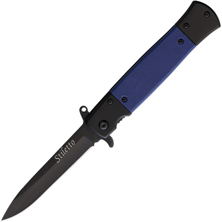 ElitEdge 10A96BL Assist Open Black Stiletto Linerlock Knife Blue Handles