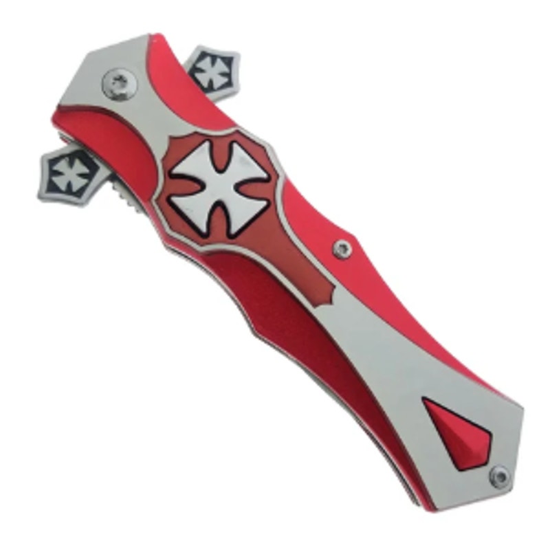 Falcon 8 1/2" Chrome Cross Blade Spring Assisted Knife - Red