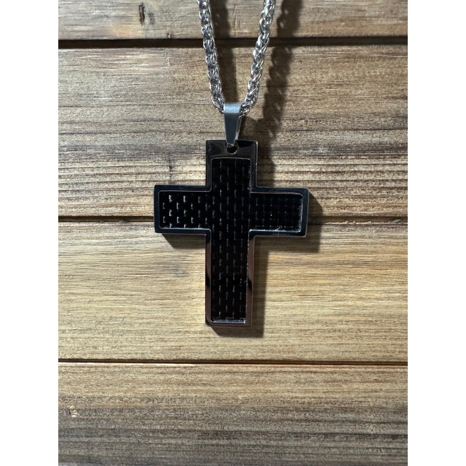 24' Stainless Chain with Stainless Carbon Cross Pendant