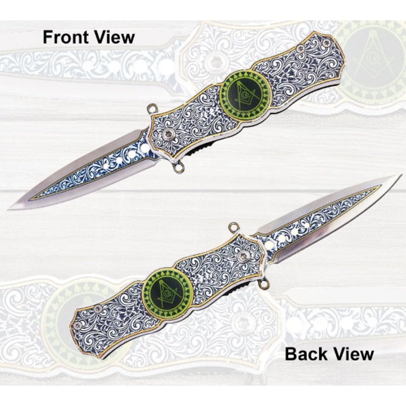 Masonic Folding Knife with Fidget Spinner, Crafted, Engraved Masonic Emblems