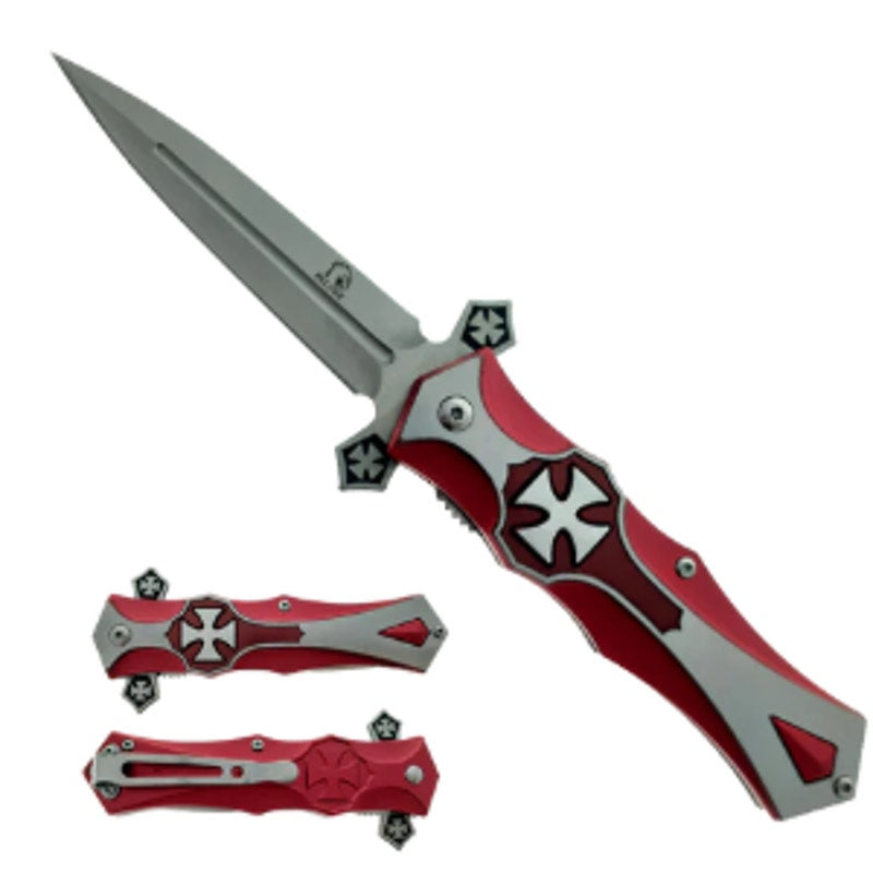 Falcon 8 1/2" Chrome Cross Blade Spring Assisted Knife - Red