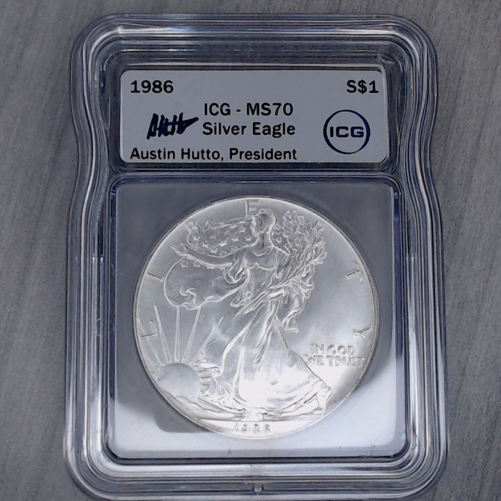 1986 ~ $1 Silver Eagle ~ First Year of Issue ~ ICG MS70 ~ Austin Hutto