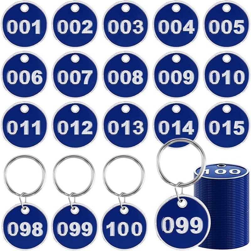 1-100 Round Aluminum Numbered Key Tags, Blue Engraved Metal ID Tags with Rings