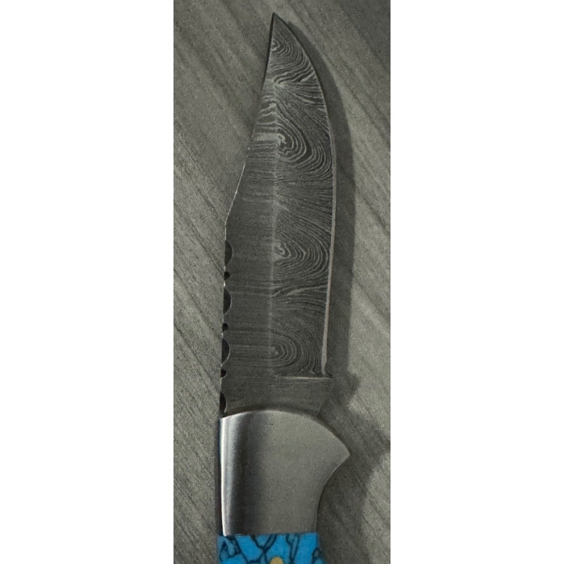 Handmade Damascus Folding Knife - Bone and Turquoise Scales