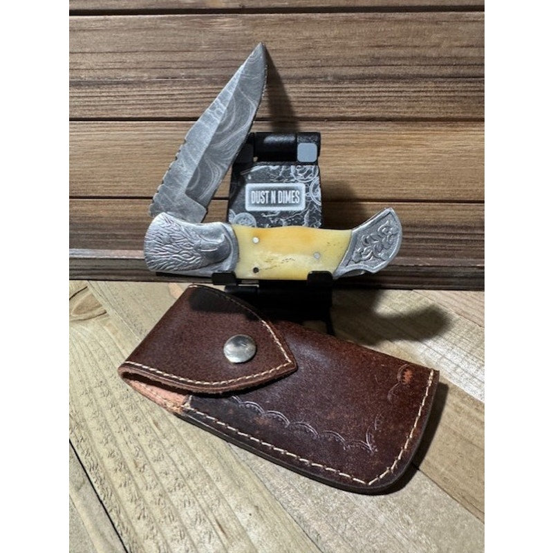 Beautiful Damascus Folding Blade ~ Camel Bone Grip ~ w/Sheath