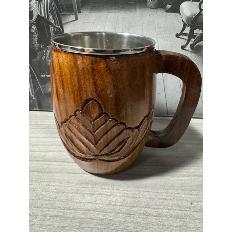 Hand Carved Wood Drinking Cup w/ Stainless Insert