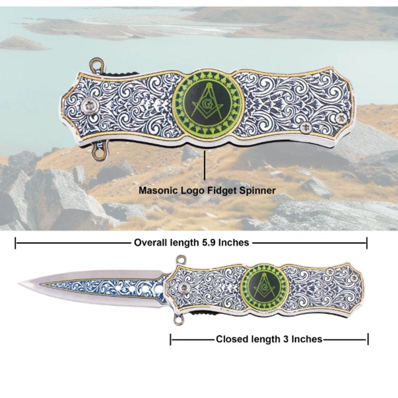 Masonic Folding Knife with Fidget Spinner, Crafted, Engraved Masonic Emblems