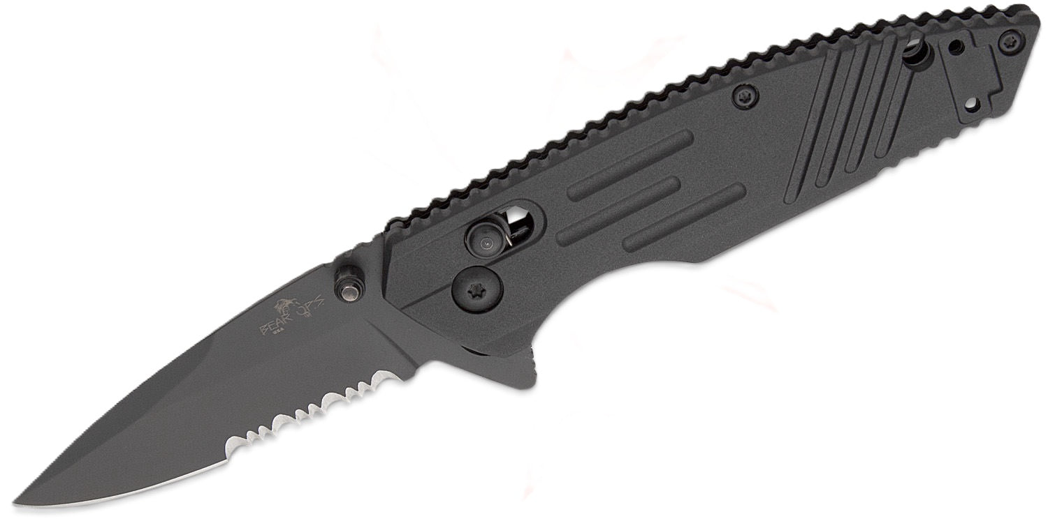 Bear & Son Bear OPS Rancor IX Slide Lock Flipper Knife 2.83" D2 Black Serrated