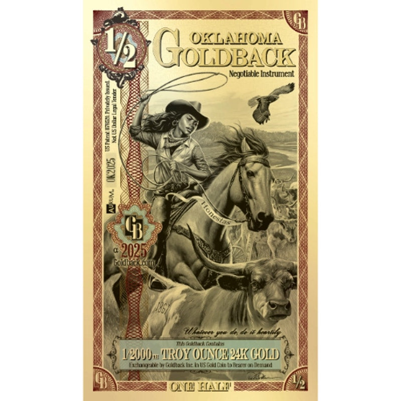 1/2 Oklahoma Goldback ~ 1/2000th oz .9999 Fine Gold ~ Qty. 5