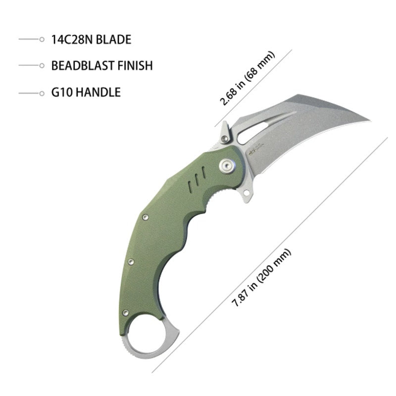 Kubey ~ Wrath Karambit Folding Knife Green G10 ~ 2.68" Beadblast 14C28N ~ KU261B