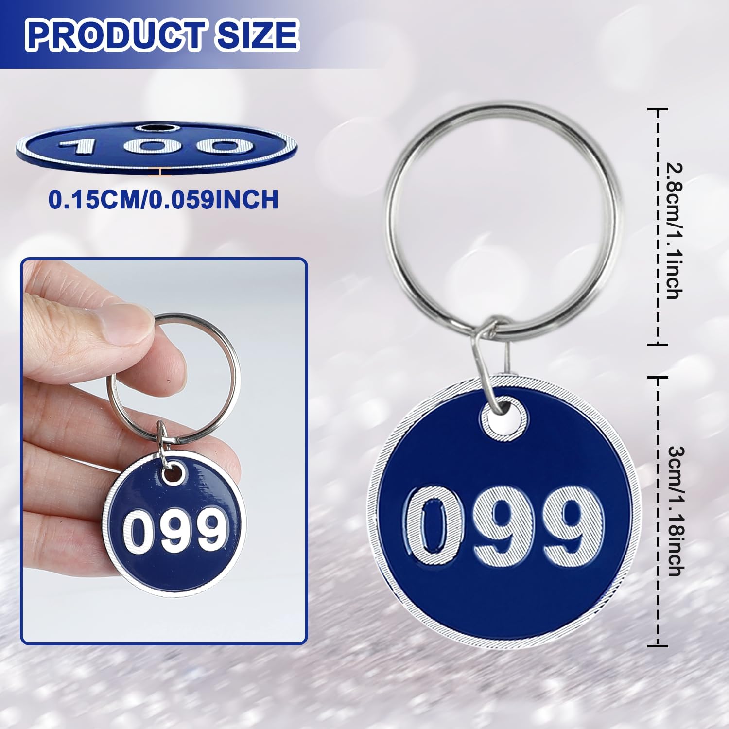 1-100 Round Aluminum Numbered Key Tags, Blue Engraved Metal ID Tags with Rings