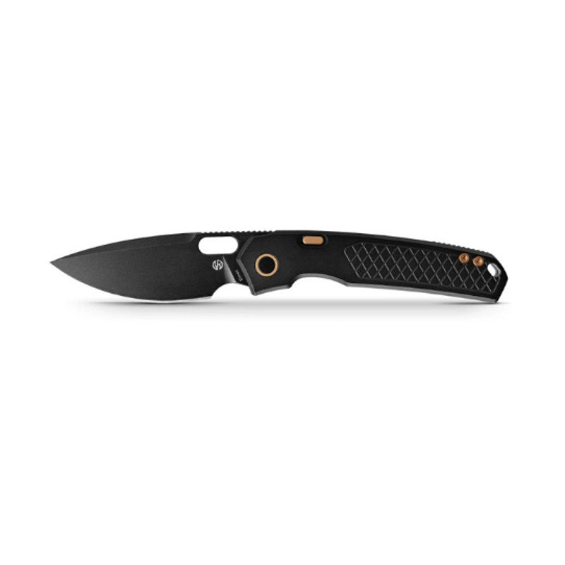 CJRB Cutlery Pyrite Bowie Button Lock Knife Black Steel (3.1" Rose Gold)