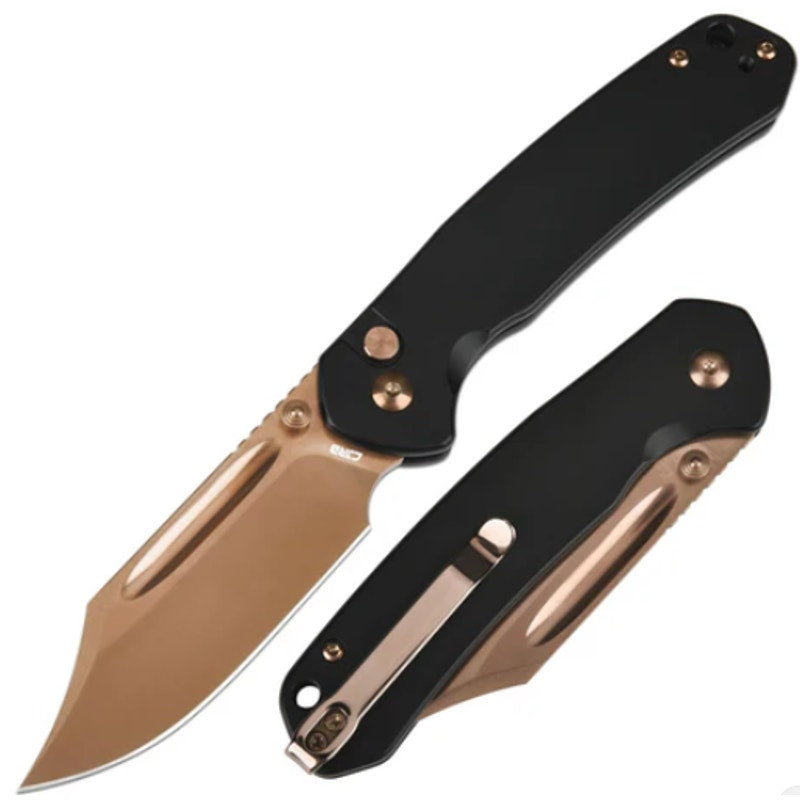 CJRB Cutlery Pyrite Bowie Button Lock Knife Black Steel (3.1" Rose Gold)