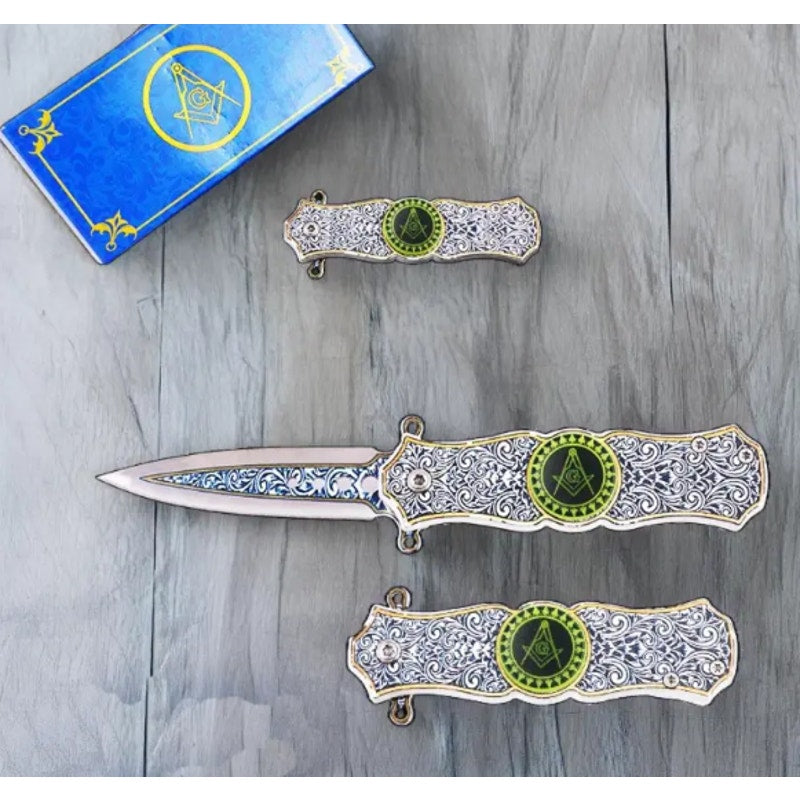 Masonic Folding Knife with Fidget Spinner, Crafted, Engraved Masonic Emblems